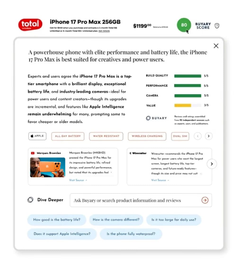 Beacon: the Buyary panel embedded on a retailer's iPhone product page.